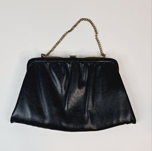 ANDE Black Evening Clutch/Hand Bag With Gold Tone Clasp Chain Strap Rectangle